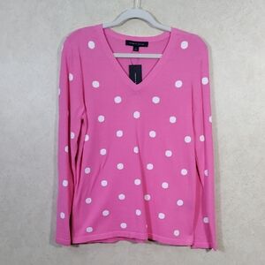 01580 Tommy Hilfiger pink w/white polka dots v-neck cotton sweater M NWT